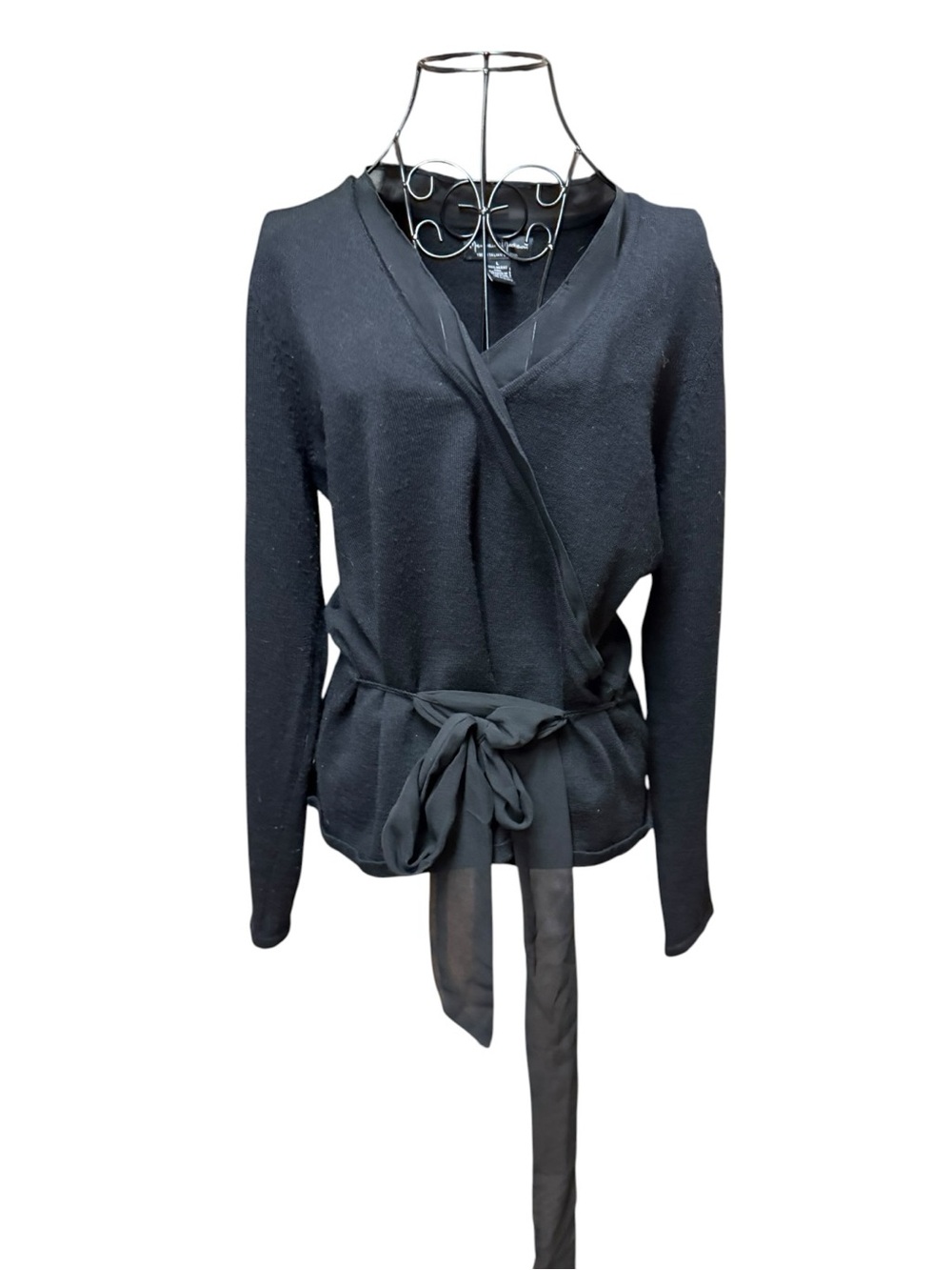 100% Merino Wool Black Wrap Sweater with Waist Tie Large